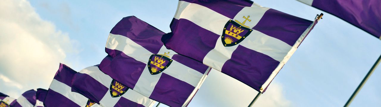A series of University of Scranton flags being blown by a breeze