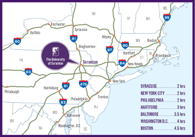 Map focused on northeast showing the university of scranton's distance to nearby major citites ( syracuse,new york city, philadelphia, hartford,, baltimore, washington d.c., and boston)