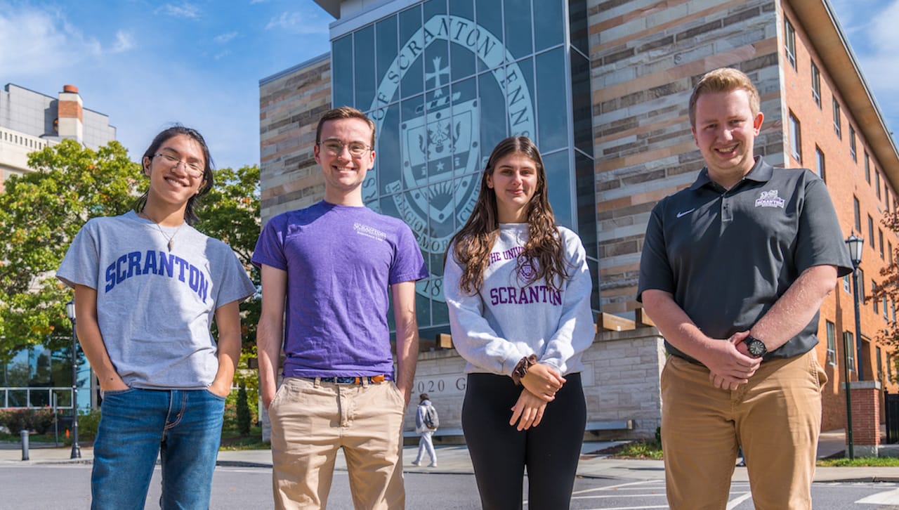Five University of Scranton students were named 2022 Sanofi US Excellence in STEM Scholars.From left: James Russo ’23, Michael Quinnan ’23, Olivia Sander ’23 and Nathaniel Smith ’23. 