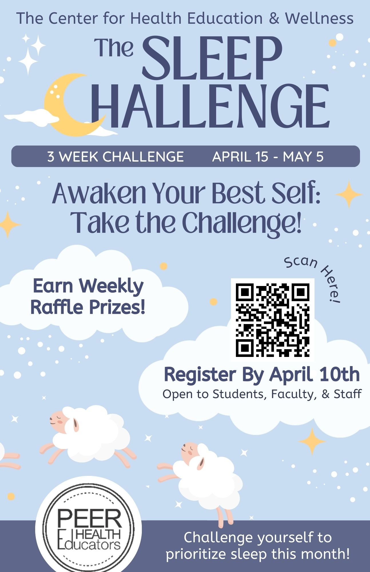Poster with clouds and sheet offering the sleep challenge. It states to register by April 10th. You can earn prizes. There is also a QR code to register